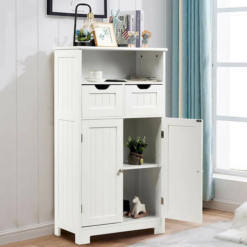 Meuble de salle de bain bas en bois avec 2 tiroirs de rangement et armoire latérale