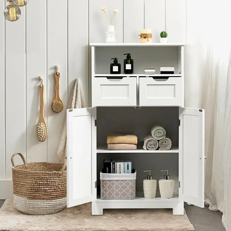 Meuble de salle de bain bas en bois avec 2 tiroirs de rangement et armoire latérale