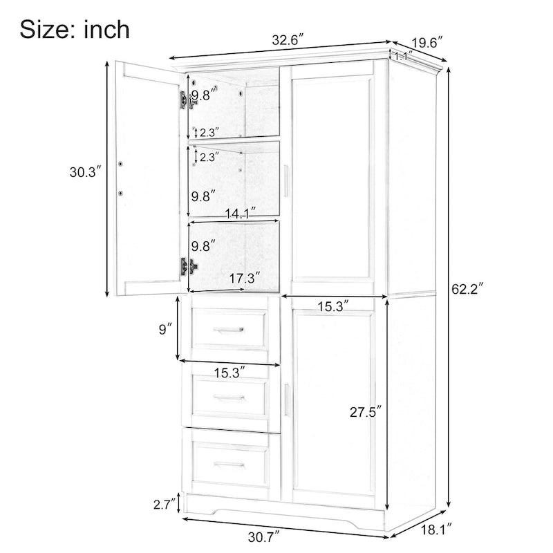 Meuble de rangement haut et large avec portes pour salle de bain/bureau, trois tiroirs