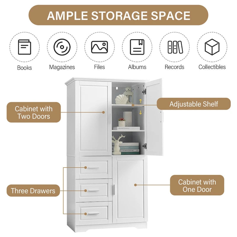 Meuble de rangement haut et large avec portes pour salle de bain/bureau, trois tiroirs