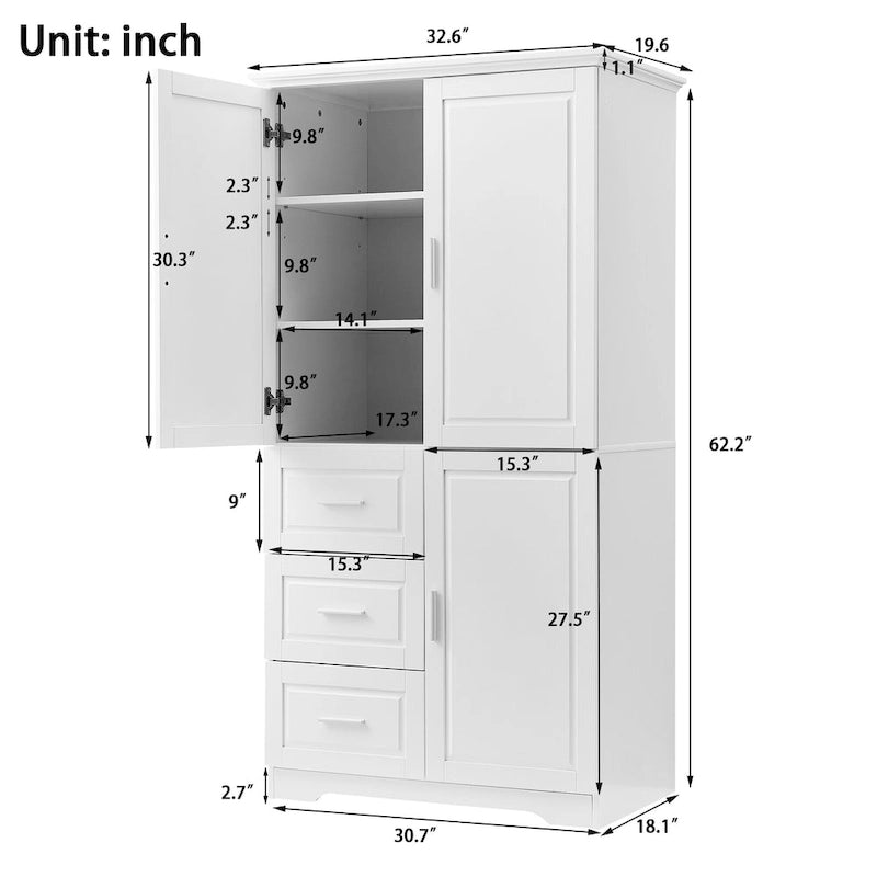 Meuble de rangement haut et large avec portes pour salle de bain/bureau, trois tiroirs