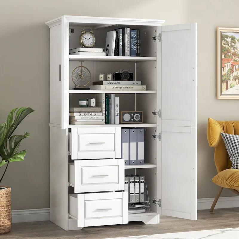 Meuble de rangement haut et large avec portes pour salle de bain/bureau, trois tiroirs