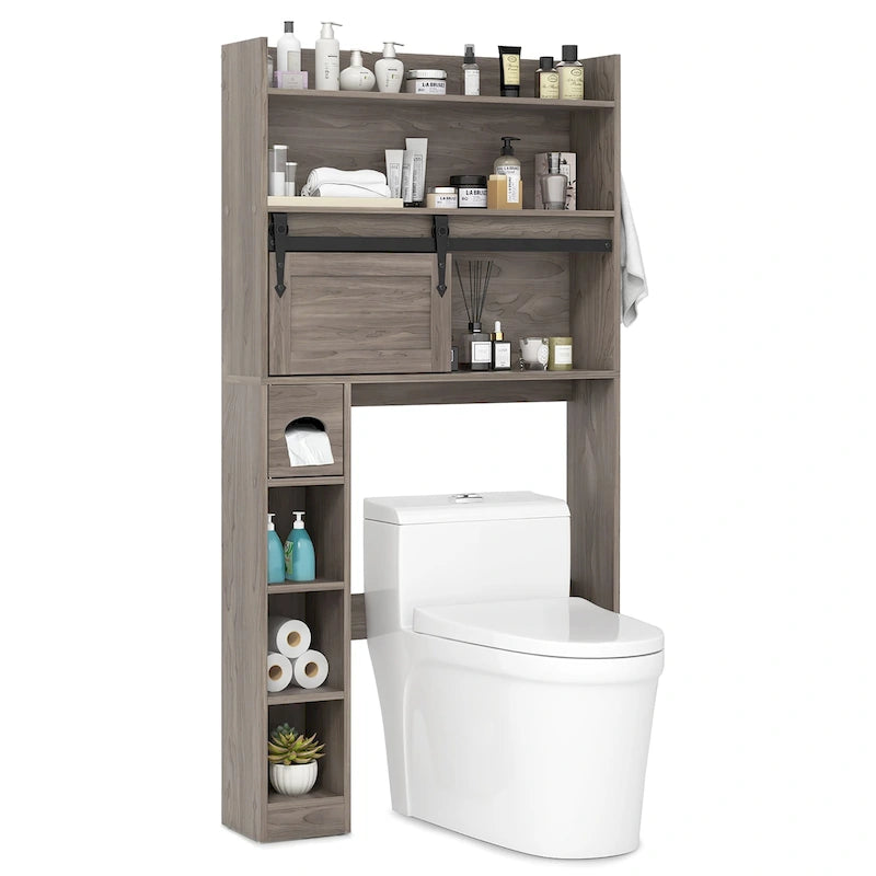Meuble de rangement pour toilettes avec porte coulissante de style grange, réglable
