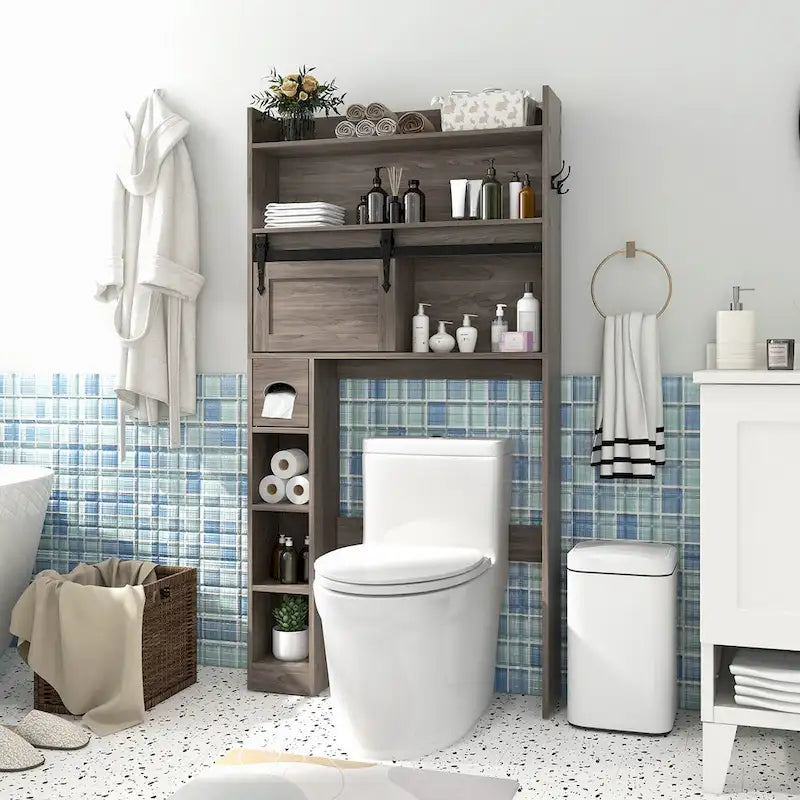 Meuble de rangement pour toilettes avec porte coulissante de style grange, réglable