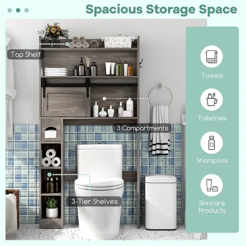 Meuble de rangement pour toilettes avec porte coulissante de style grange, réglable