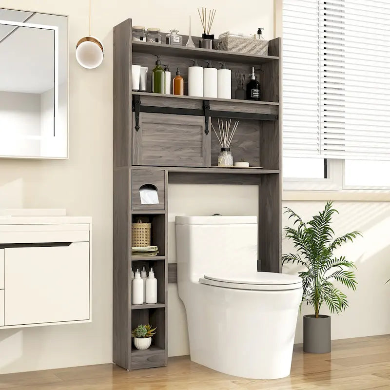 Meuble de rangement pour toilettes avec porte coulissante de style grange, réglable