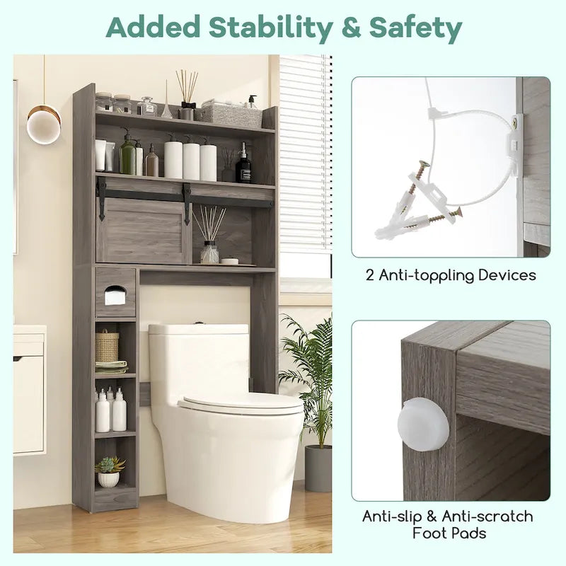 Meuble de rangement pour toilettes avec porte coulissante de style grange, réglable