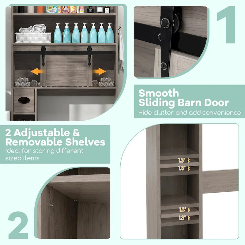Meuble de rangement pour toilettes avec porte coulissante de style grange, réglable