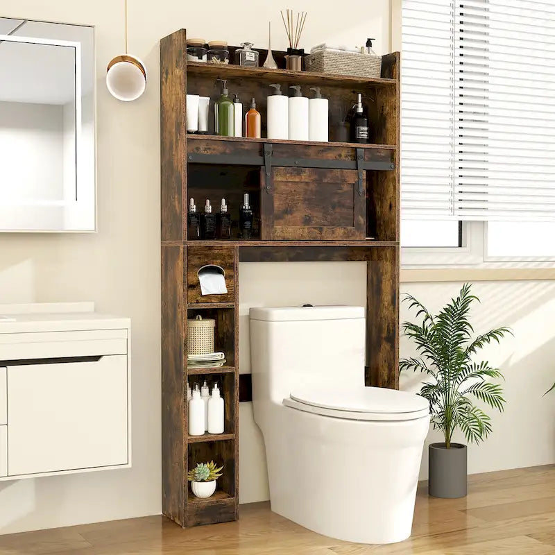 Meuble de rangement pour toilettes avec porte coulissante de style grange, réglable