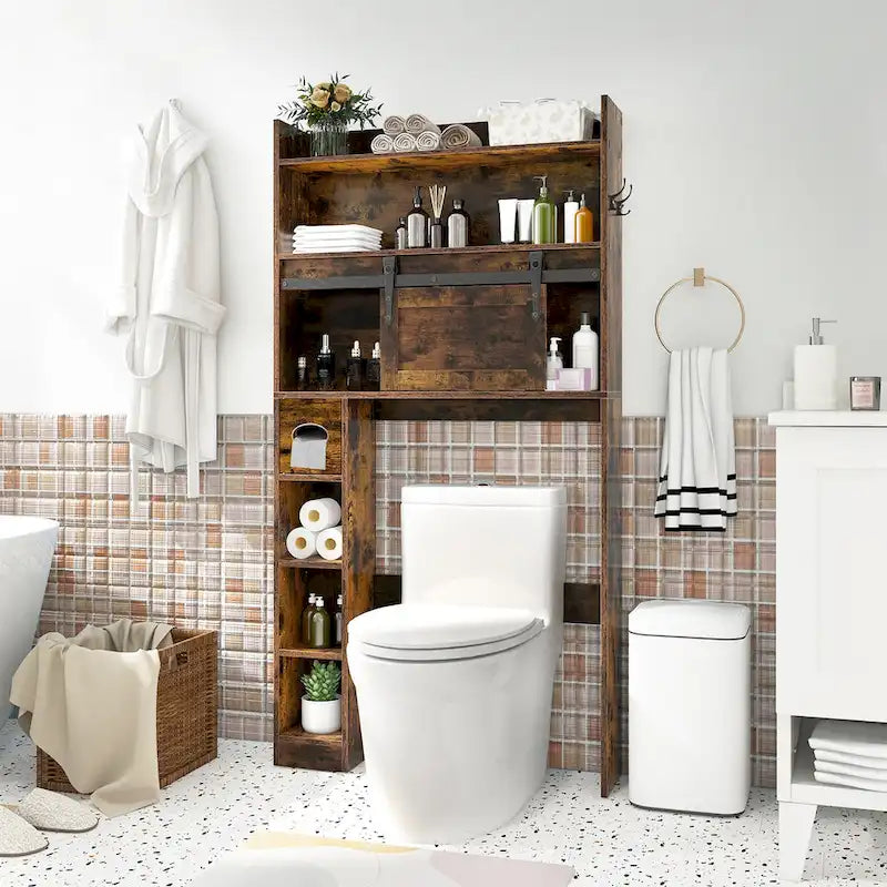 Meuble de rangement pour toilettes avec porte coulissante de style grange, réglable