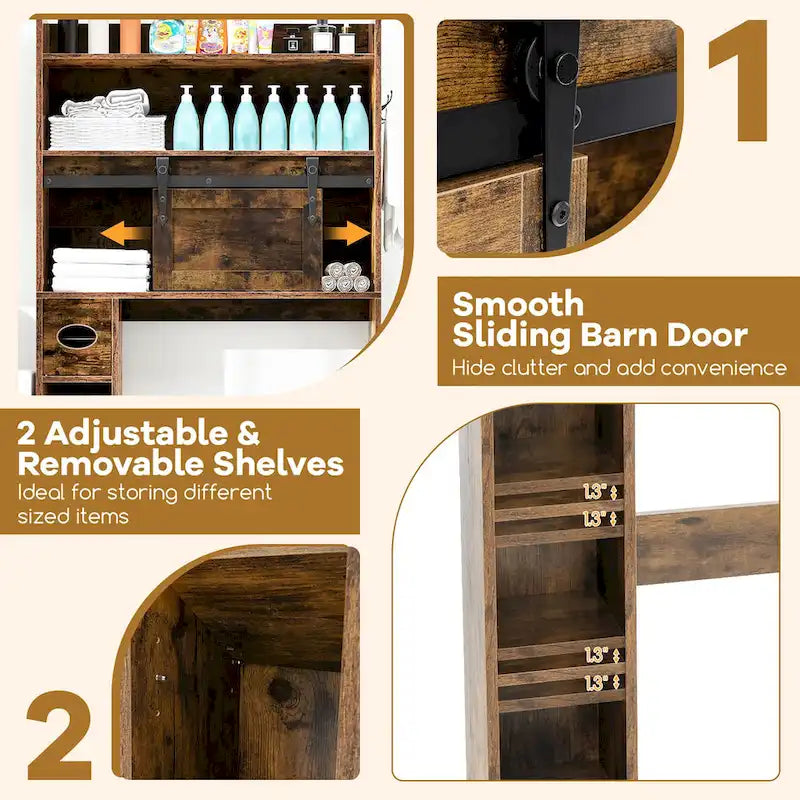 Meuble de rangement pour toilettes avec porte coulissante de style grange, réglable