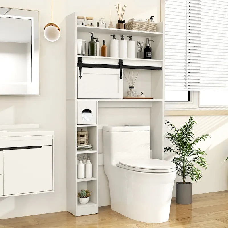 Meuble de rangement pour toilettes avec porte coulissante de style grange, réglable