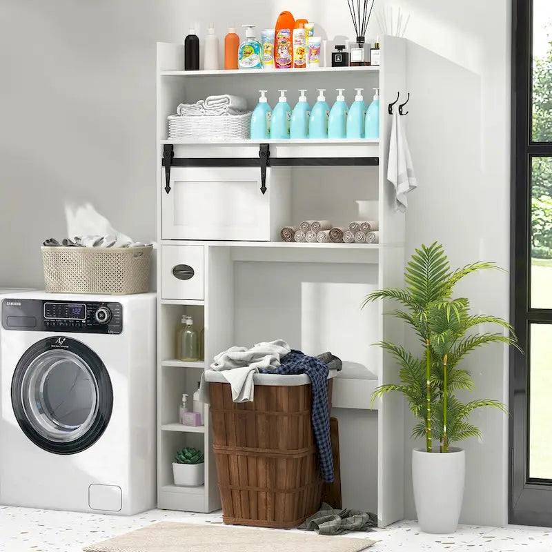 Meuble de rangement pour toilettes avec porte coulissante de style grange, réglable