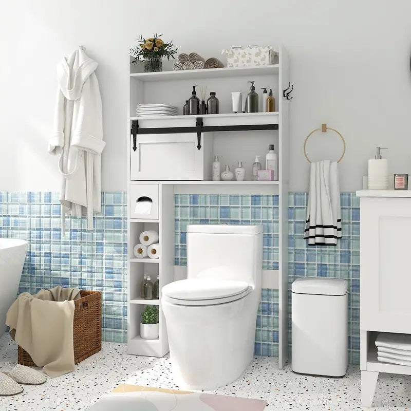 Meuble de rangement pour toilettes avec porte coulissante de style grange, réglable