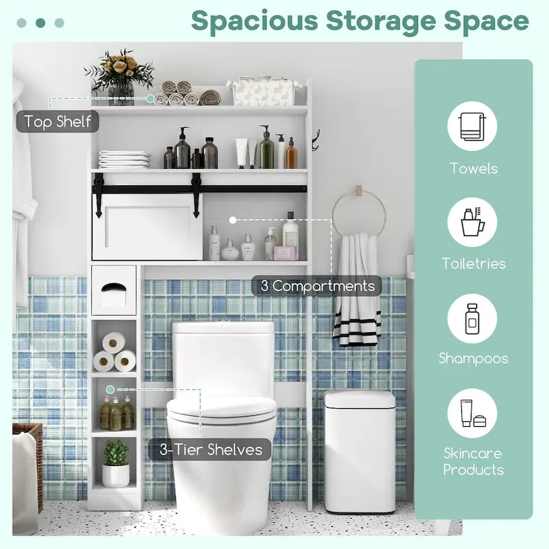 Meuble de rangement pour toilettes avec porte coulissante de style grange, réglable