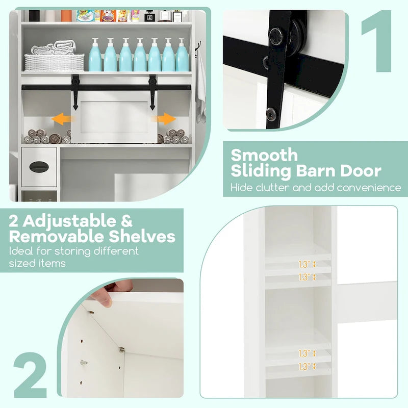 Meuble de rangement pour toilettes avec porte coulissante de style grange, réglable