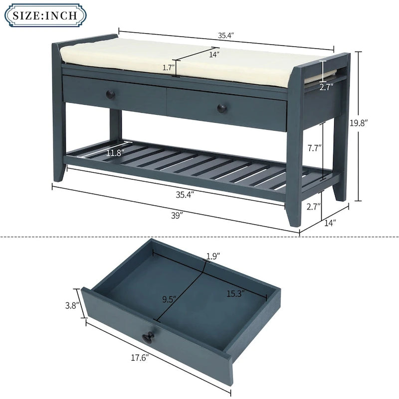 Banc de rangement d'entrée moderne multifonction avec siège rembourré et tiroirs
