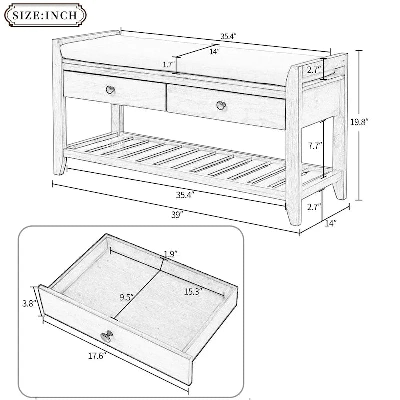 Banc de rangement d'entrée moderne multifonction avec siège rembourré et tiroirs