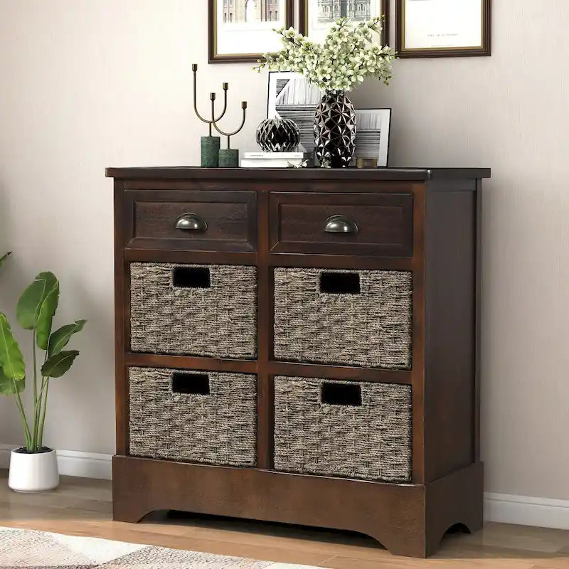 Meuble de rangement rustique avec deux tiroirs et quatre paniers en rotin classiques pour la salle à manger/l'entrée/le salon