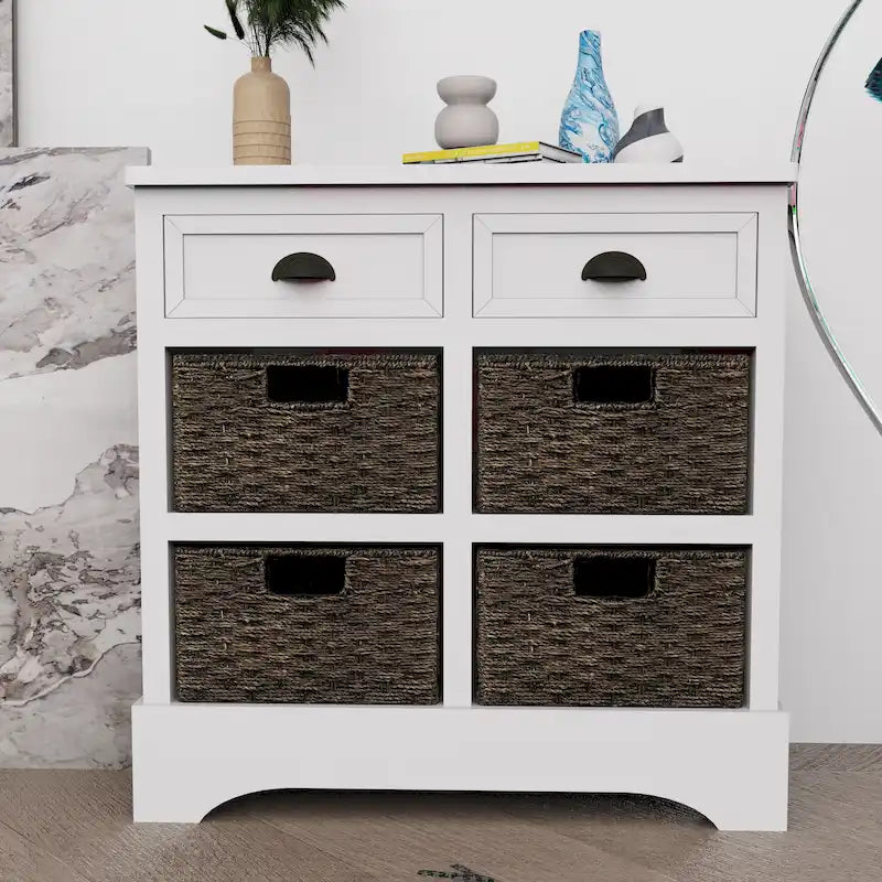 Meuble de rangement rustique avec deux tiroirs et quatre paniers en rotin classiques pour la salle à manger/l'entrée/le salon