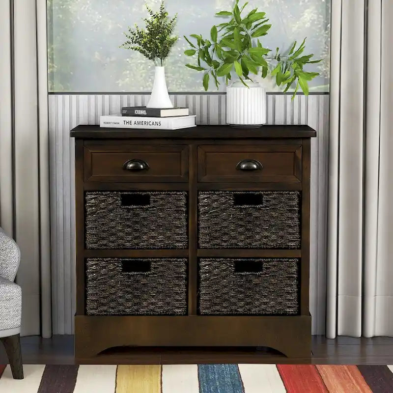 Meuble de rangement rustique avec deux tiroirs et quatre paniers en rotin classiques pour la salle à manger/l'entrée/le salon