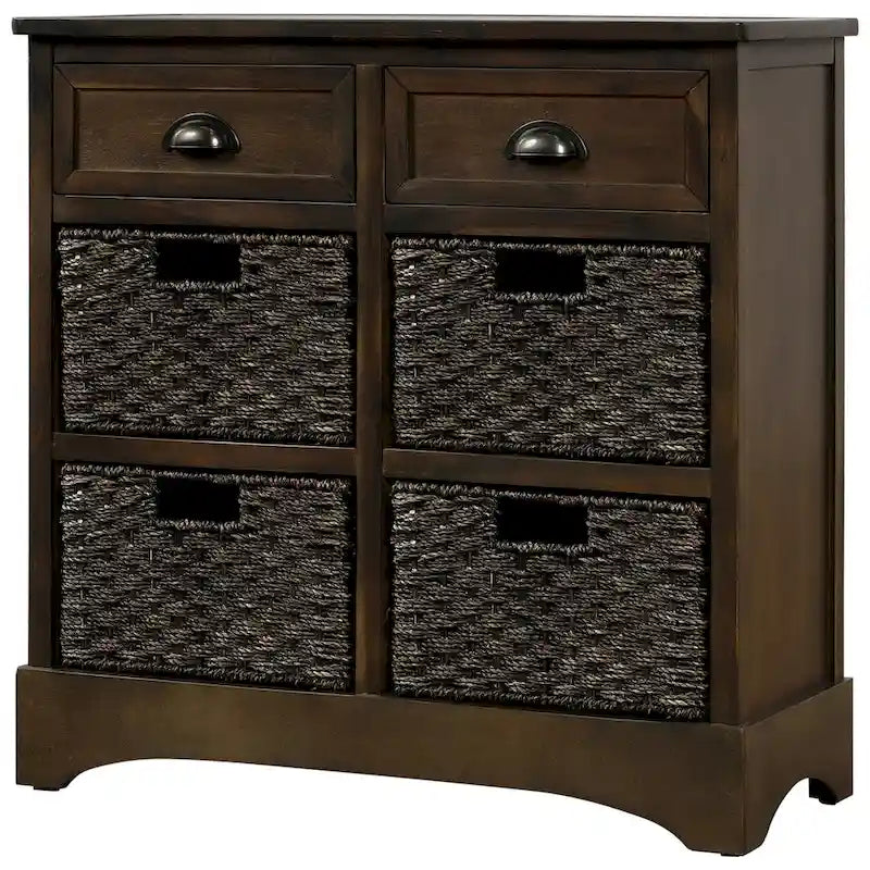 Meuble de rangement rustique avec deux tiroirs et quatre paniers en rotin classiques pour la salle à manger/l'entrée/le salon