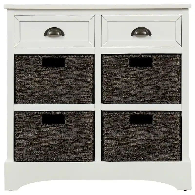 Meuble de rangement rustique avec deux tiroirs et quatre paniers en rotin classiques pour la salle à manger/l'entrée/le salon