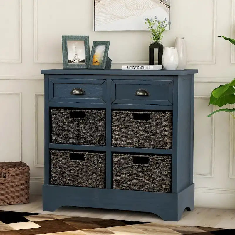 Meuble de rangement rustique avec deux tiroirs et quatre paniers en rotin classiques pour la salle à manger/l'entrée/le salon