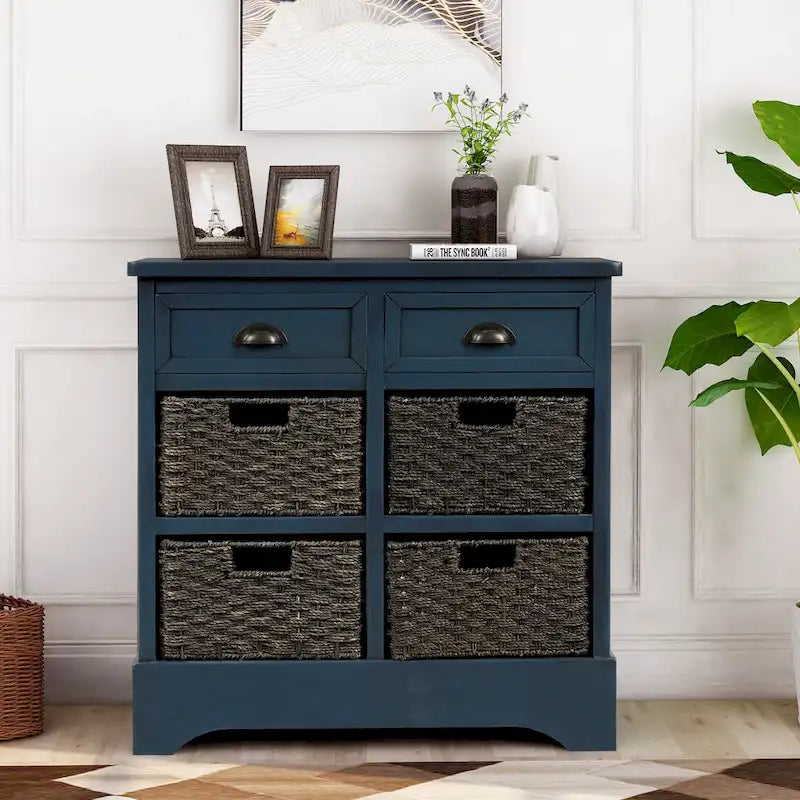 Meuble de rangement rustique avec deux tiroirs et quatre paniers en rotin classiques pour la salle à manger/l'entrée/le salon