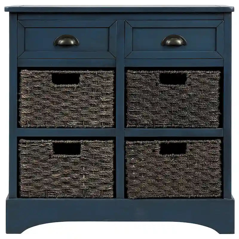Meuble de rangement rustique avec deux tiroirs et quatre paniers en rotin classiques pour la salle à manger/l'entrée/le salon