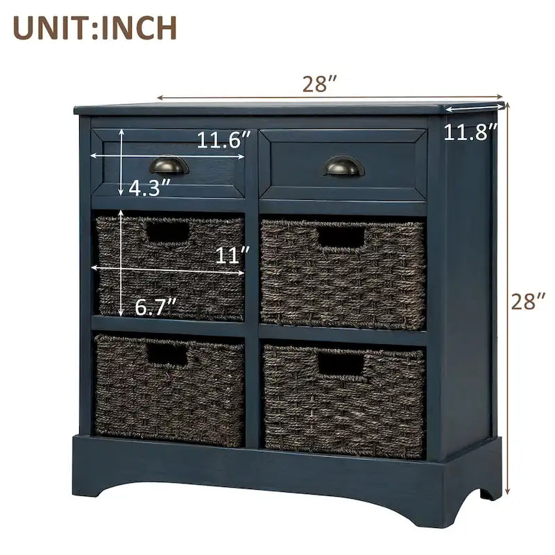 Meuble de rangement rustique avec deux tiroirs et quatre paniers en rotin classiques pour la salle à manger/l'entrée/le salon