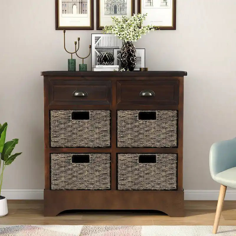 Meuble de rangement rustique avec deux tiroirs et quatre paniers en rotin classiques pour la salle à manger/l'entrée/le salon