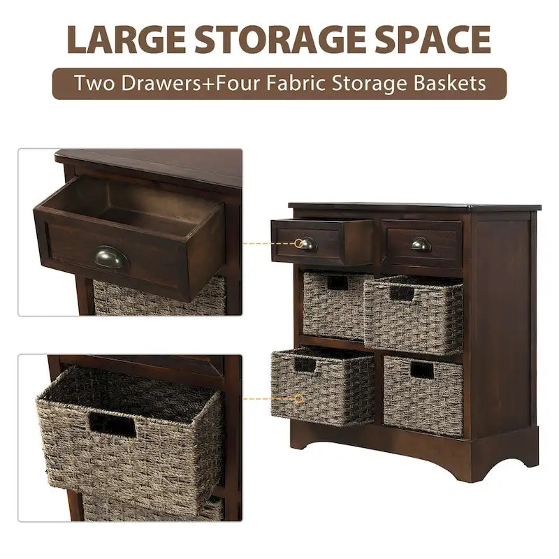 Meuble de rangement rustique avec deux tiroirs et quatre paniers en rotin classiques pour la salle à manger/l'entrée/le salon