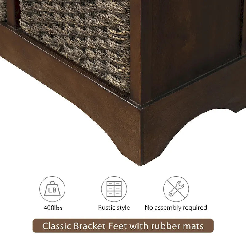 Meuble de rangement rustique avec deux tiroirs et quatre paniers en rotin classiques pour la salle à manger/l'entrée/le salon
