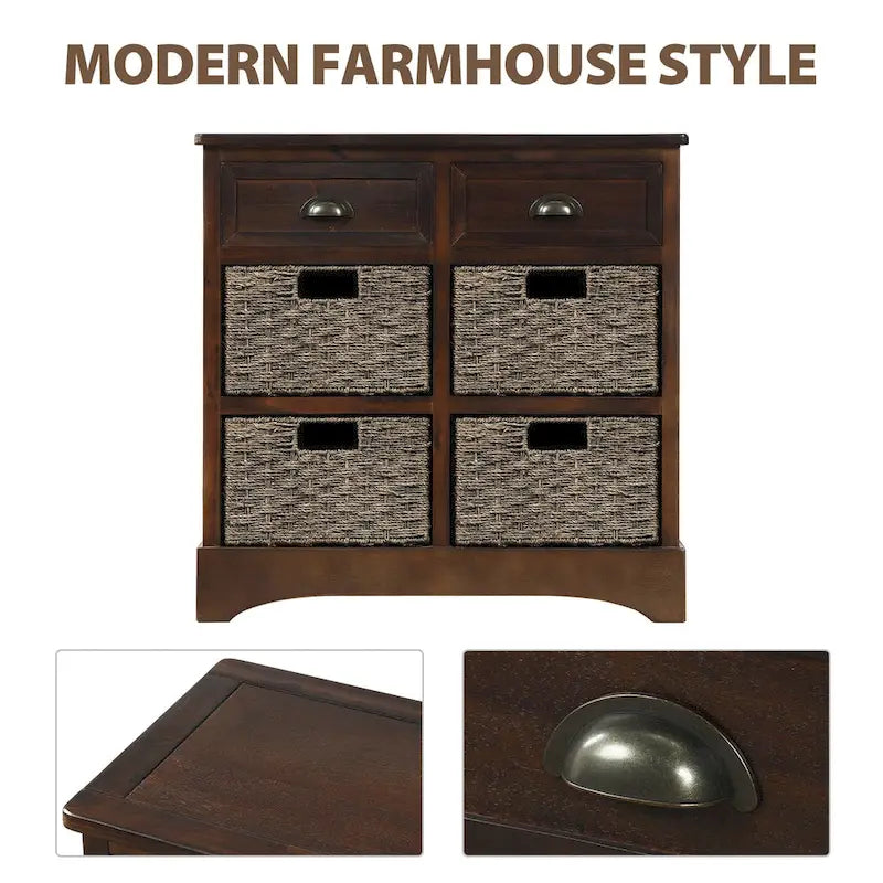Meuble de rangement rustique avec deux tiroirs et quatre paniers en rotin classiques pour la salle à manger/l'entrée/le salon
