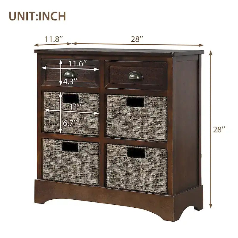 Meuble de rangement rustique avec deux tiroirs et quatre paniers en rotin classiques pour la salle à manger/l'entrée/le salon
