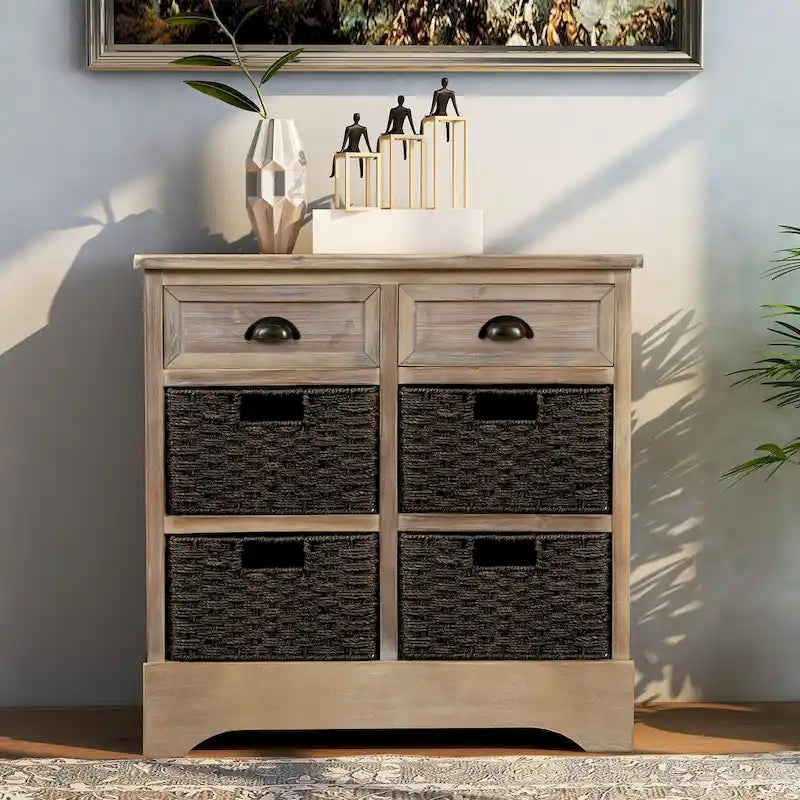 Meuble de rangement rustique avec deux tiroirs et quatre paniers en rotin classiques pour la salle à manger/l'entrée/le salon