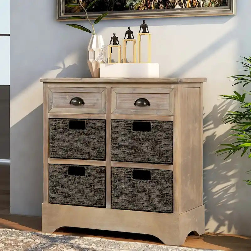 Meuble de rangement rustique avec deux tiroirs et quatre paniers en rotin classiques pour la salle à manger/l'entrée/le salon