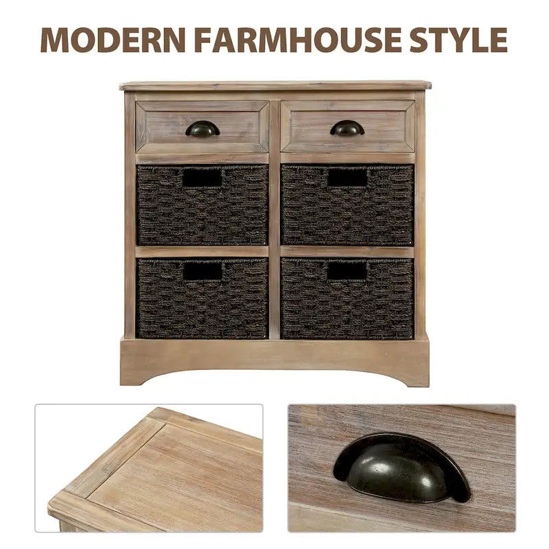 Meuble de rangement rustique avec deux tiroirs et quatre paniers en rotin classiques pour la salle à manger/l'entrée/le salon