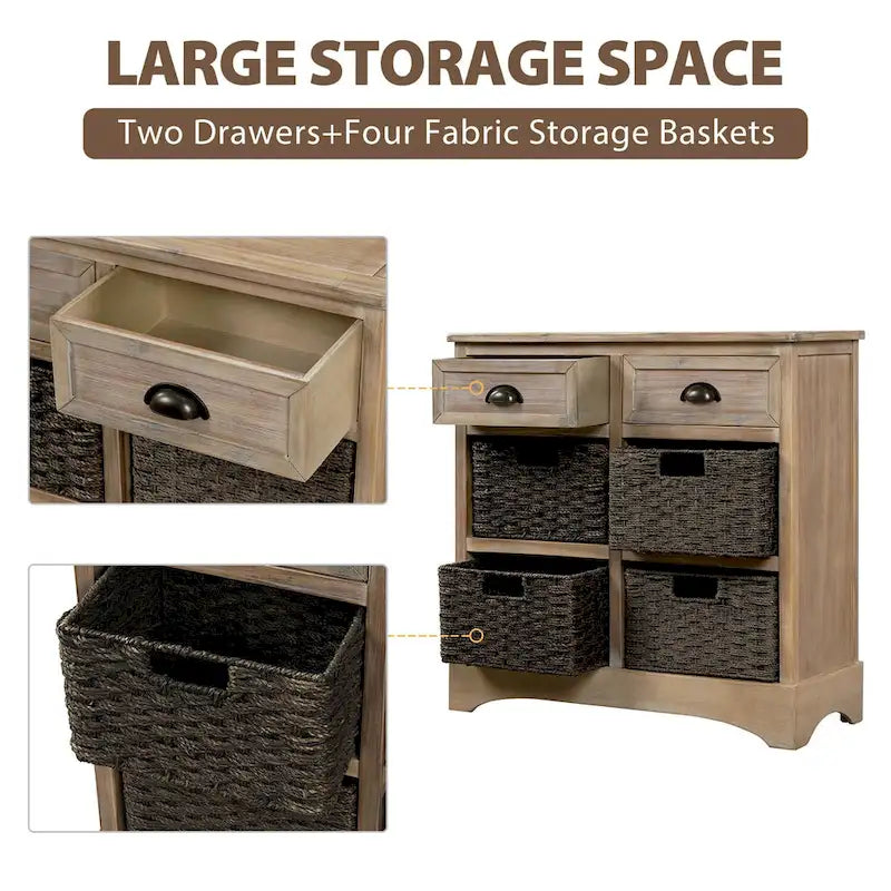 Meuble de rangement rustique avec deux tiroirs et quatre paniers en rotin classiques pour la salle à manger/l'entrée/le salon