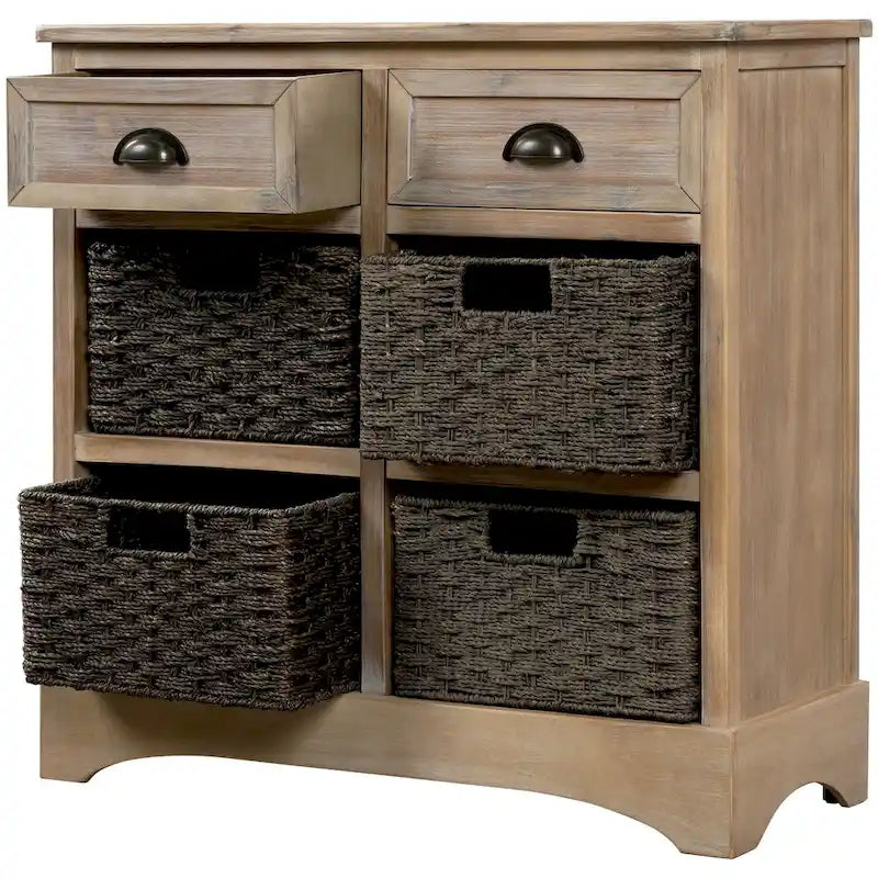 Meuble de rangement rustique avec deux tiroirs et quatre paniers en rotin classiques pour la salle à manger/l'entrée/le salon