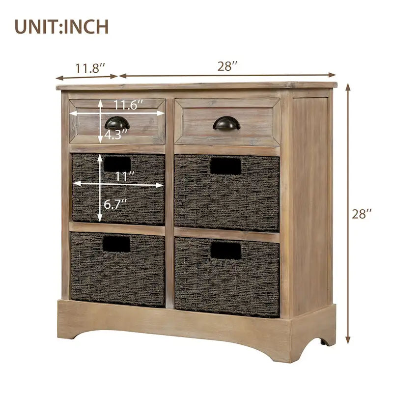 Meuble de rangement rustique avec deux tiroirs et quatre paniers en rotin classiques pour la salle à manger/l'entrée/le salon