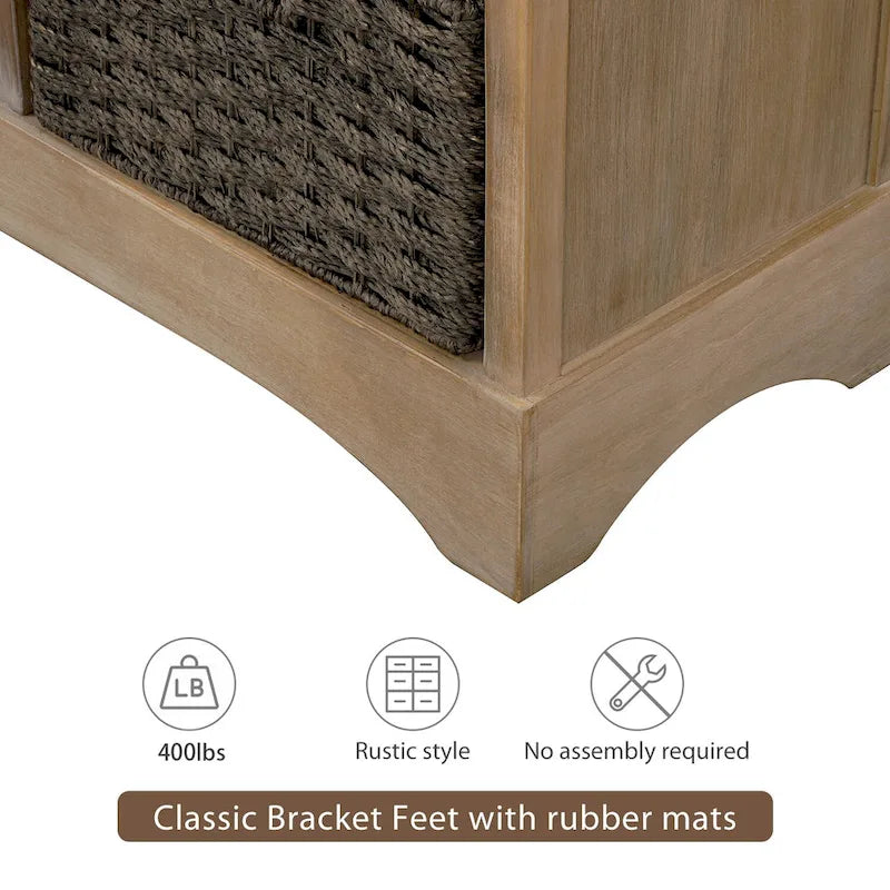 Meuble de rangement rustique avec deux tiroirs et quatre paniers en rotin classiques pour la salle à manger/l'entrée/le salon