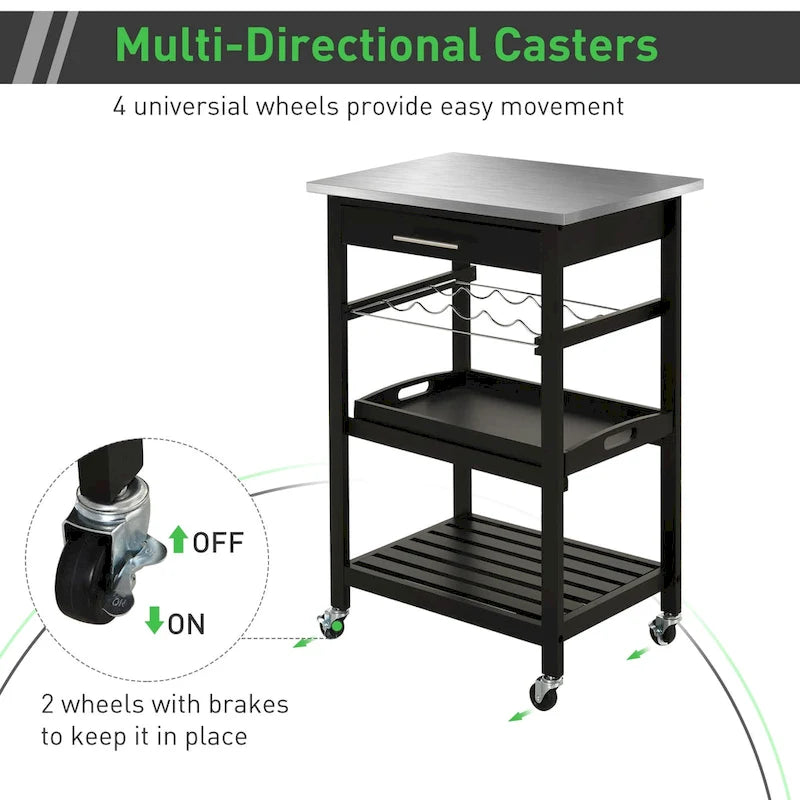 Desserte de cuisine roulante avec plateau en acier inoxydable, casier à vin et tiroir