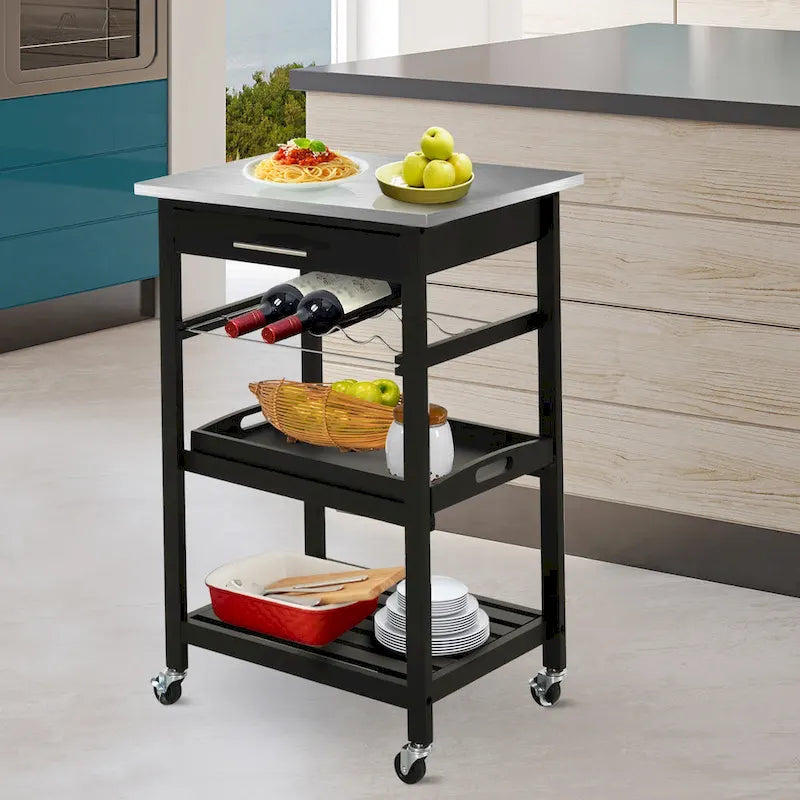 Desserte de cuisine roulante avec plateau en acier inoxydable, casier à vin et tiroir