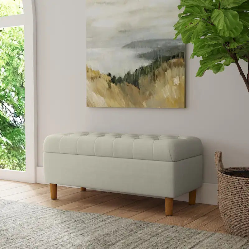 Banc de rangement capitonné avec pieds en bois