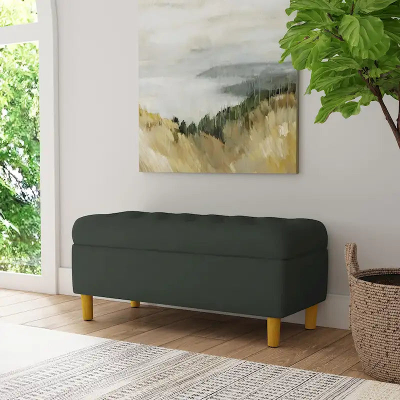 Banc de rangement capitonné avec pieds en bois