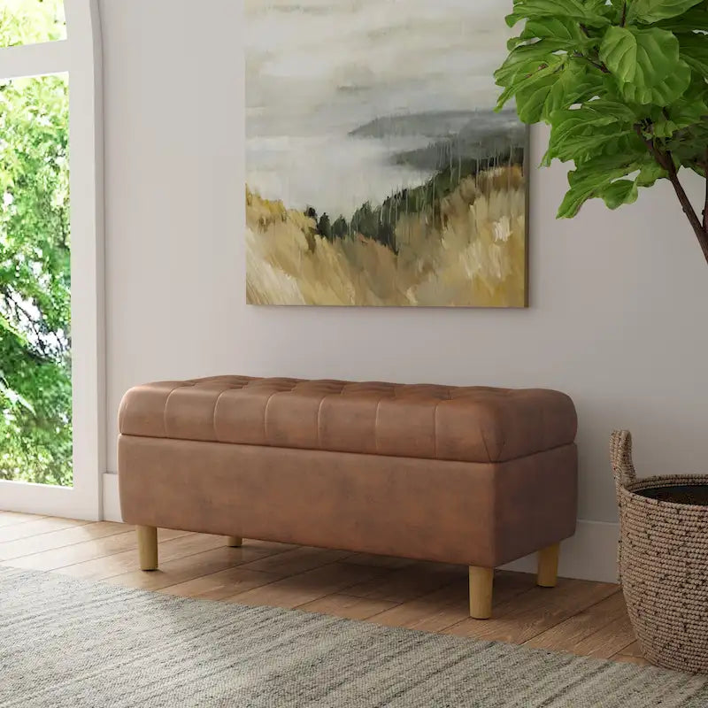 Banc de rangement capitonné avec pieds en bois