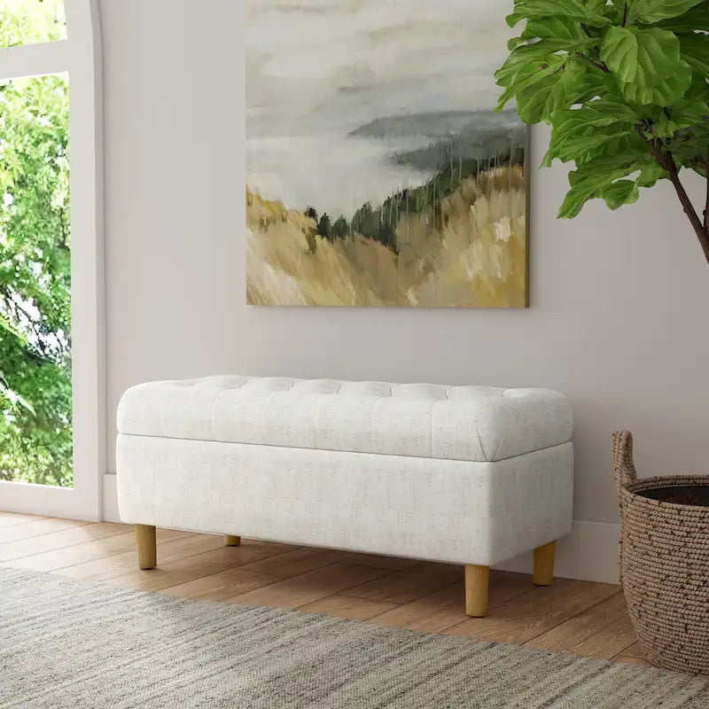 Banc de rangement capitonné avec pieds en bois