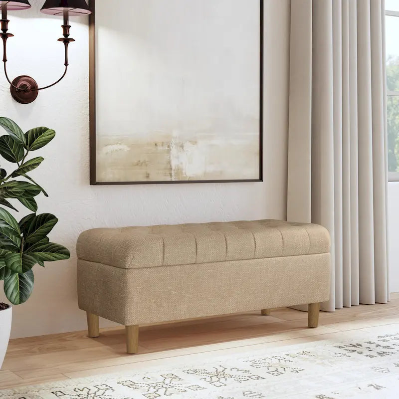 Banc de rangement capitonné avec pieds en bois